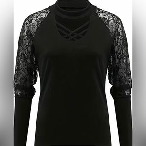 Woman’s Lace Stitching, CrissCross Long Sleeve Crew Neck Blouse Black sz XL/14